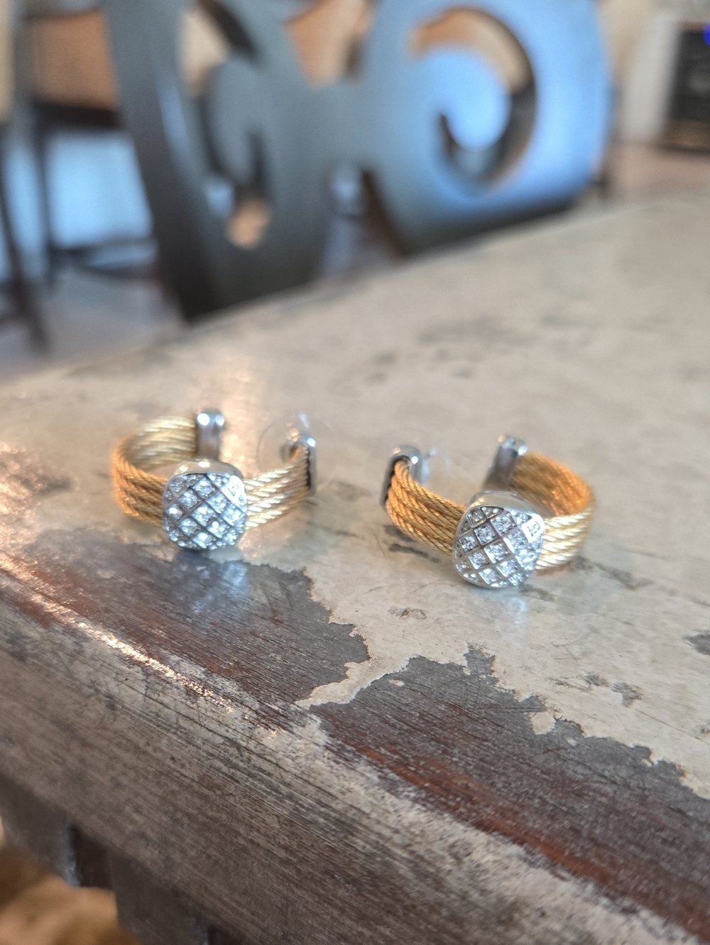Gold Cable Hoop Earrings W/ CZs and Silver Accents, NEW